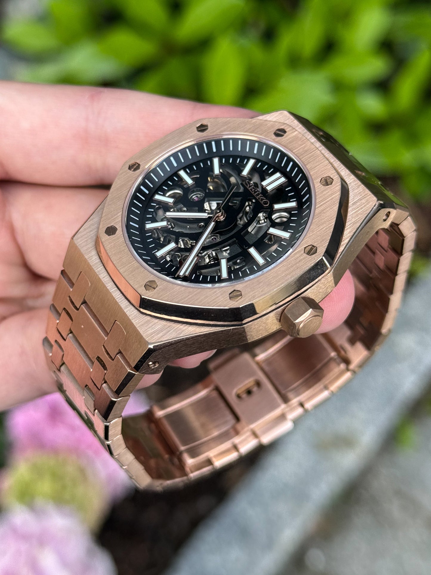 (På lager) Rosegold ’Skeleton’ Royal Oak Mod